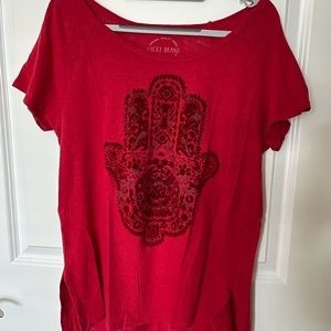 Lucky Brand Wide Neck Tunic Red Hamsa M fits like a L/XL